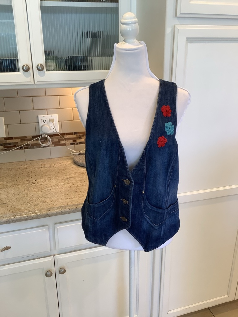 Denim Button Vest with Floral Appliqués Embroidery